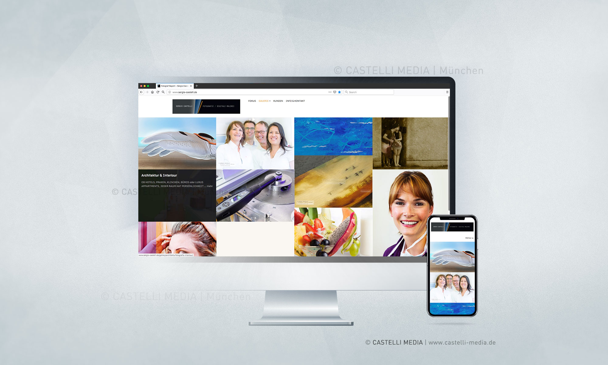 Screen einer Webseite für Fotografie von Produkte, Events, Portrait