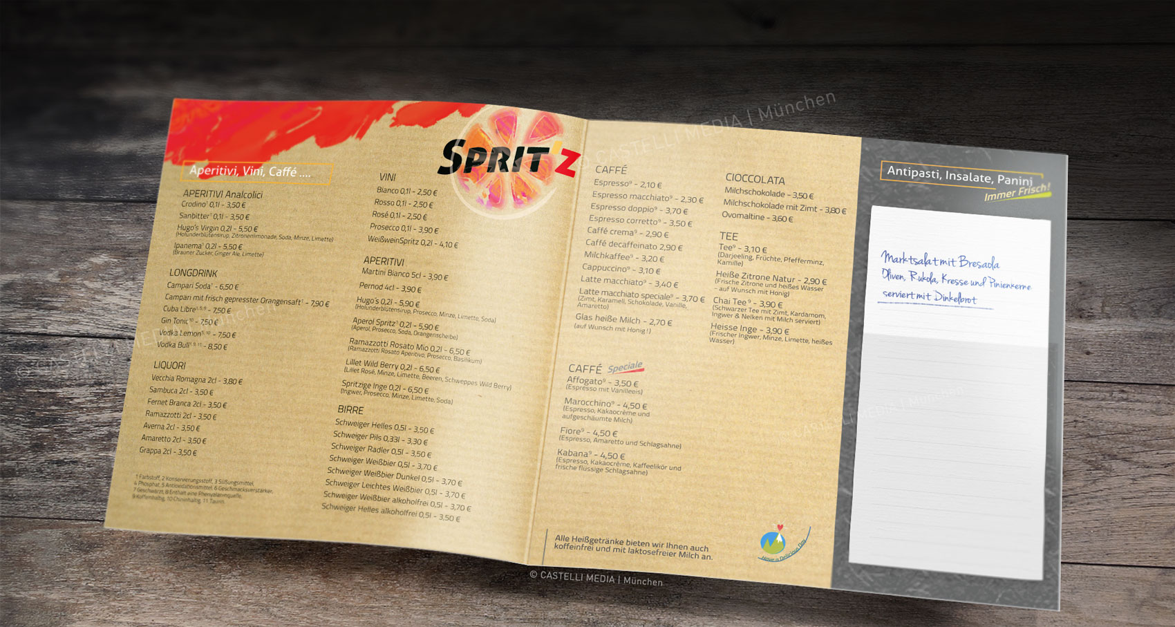 Flyer, Speisekarte Spritz München Corporate Design Logodesign Flyer Plakate Speisekarte Eiskarte