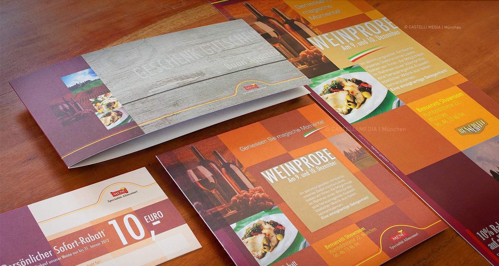 Flyer Events Gastronomie Broschuere, Rabattcoupon, Gutscheinkarte und Plakatdesing für Gastronomie und Restaurant