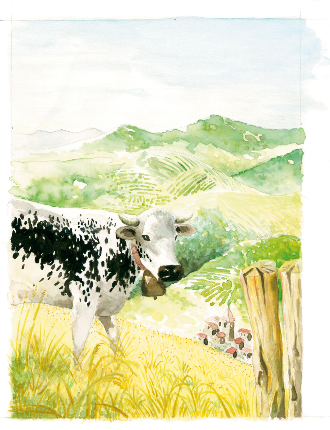Aquarell einer Kuh mit Hügellandschaft im Hintergrund.